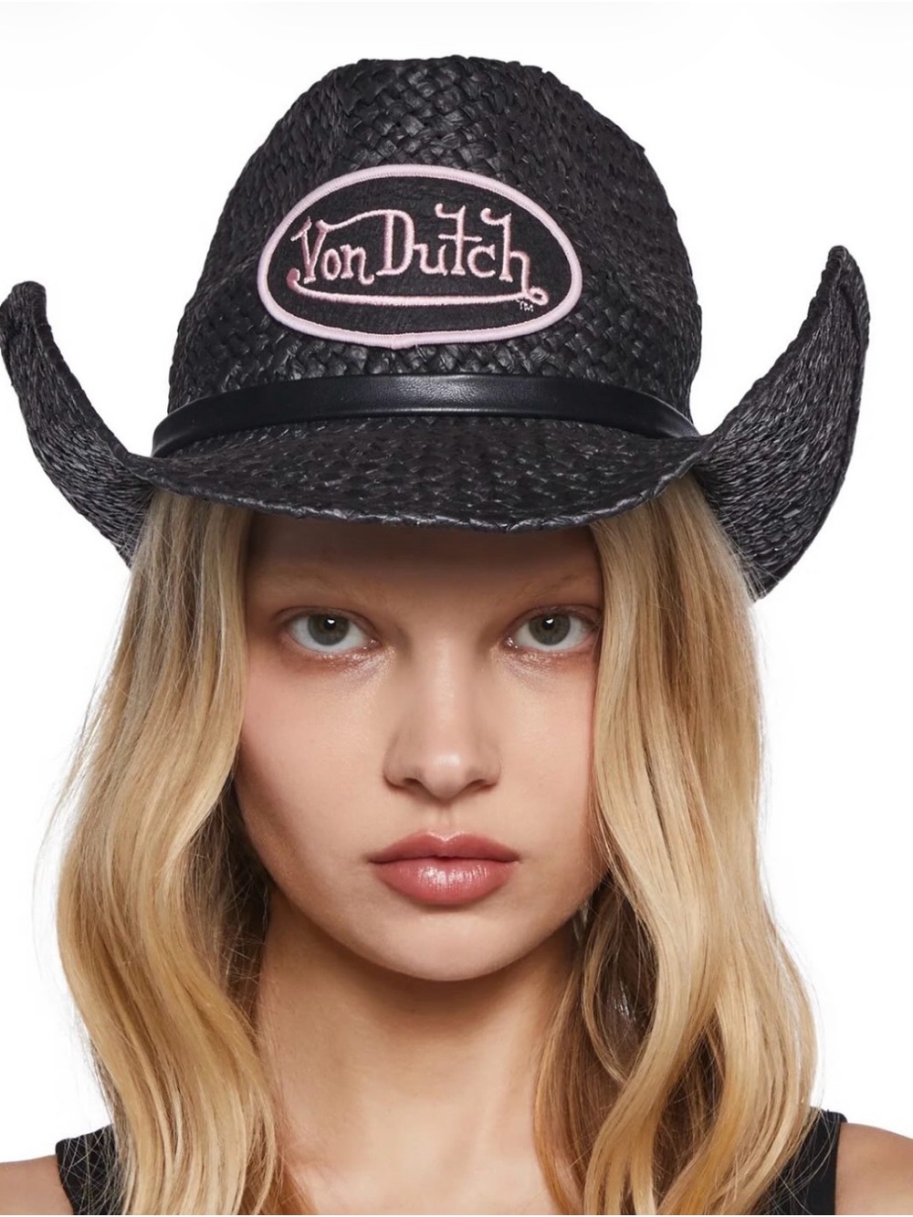 Von Dutch Black Woven Cowboy Hat with Pink Logo Patch